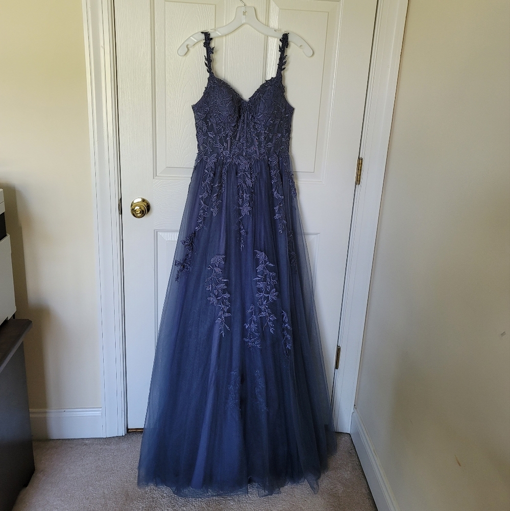 Jules & Cleo Floral applique tulle ballgown with illusion beaded corset.